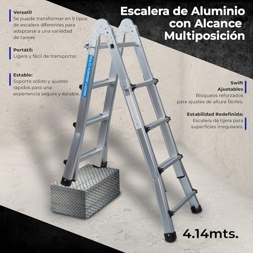 Miniatura 3 de Uziro Escalera Telescópica Plegable Articulada De Aluminio 4x4, Escaleras Multiposición Extensibles 3,99 M, 4 Peldaños, Soporta Hasta 150 Kg, Plegable Y Compacta.
