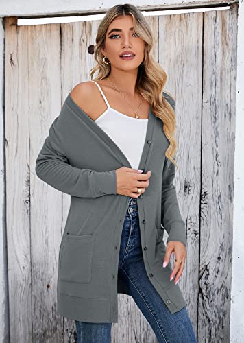 Heymoments Women's Long Sleeve Open Front Cardigan Dark Grey X-Large Button Down Ladies Loose Ribbed 2026 Fall Winter Lightweight Knit Outerwear Coat with Pocket — view 2