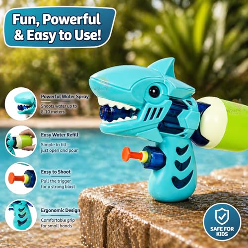 Image of WISHKEY Shark Water Gun Toy for Kids, 100 ml Capacity, Water Blaster for Kids, Durable Outdoor Summer Toy for Fun-Filled Water Battles and Special Occasions (Pack of 1, Multicolor)