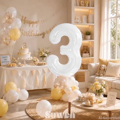 Image of SUWEN 40 Inch White Large 3 Balloon Number Big Foil Helium Number Balloons 0-9 Giant Jumbo Happy 3rd Birthday Party Decorations for Men or Women Huge Mylar Anniversary Party Supplies