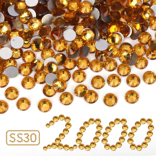 Image of 2000PCS Gold Yellow Rhinestones Bulk, Flat Back Crystal Glass Stone Round Gems,SS30, 6.4-6.6mm