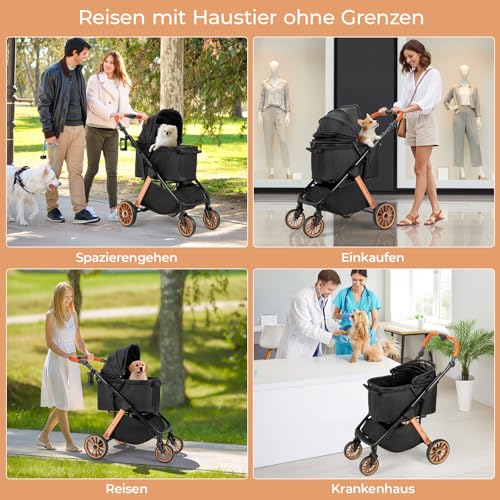 MAMIZO Faltbarer Hundebuggy One-Touch, Faltbar Katzenwagen, Bis 25 kg, Aluminium-Carbonstahl-Gestell, Höhenverstellbarer Griff, Getränkehalter, 4 PCS 360° Gummiräder, für kleine Hunde Katz, Schwarz