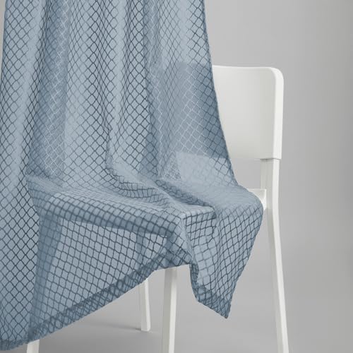 Image of haus & kinder Jacquard Sheer Window Curtains 5 Feet Long Pack of 2 Window Curtains, 5 Feet Curtains for Window, (Abstract Geometric Design, Silver Mesh, 114x152cm)