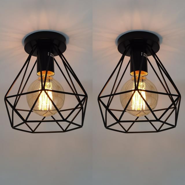 Vintage Hallway Ceiling Light, Black Semi-Flush Mount Basket Cage Ceiling Lamp Metal Industrial Retro Pendant Light for Stairway Cloakroom Bedroom Kitchen Living Room, Pack of 2