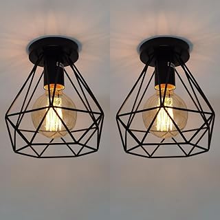 Vintage Hallway Ceiling Light, Black Semi-Flush Mount Basket Cage Ceiling Lamp Metal Industrial Retro Pendant Light for Stairway Cloakroom Bedroom Kitchen Living Room, Pack of 2