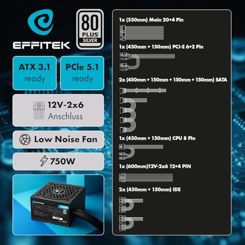 Alimentatore da 750 Watt ATX 3.1 Gamer 80 Plus Silver supporta GPU PCIe 5.1 - Alimentatore - Immagine 1