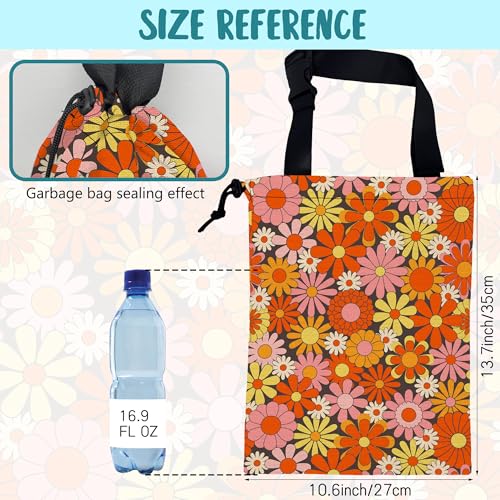 Image of Car Trash Bag Retro Abstract Groovy Flowers Hanging Drawstring Car Organizer and Storage Bag with Adjustable Buckle Canvas Garbage Bin for Back Seat or Hanging Headrest Car Decor Road Trip Essentials