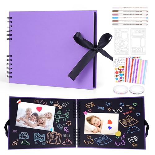 FIHODONE Album fotografico viola 29 X 21.5 cm Fotolibro da disegnare da soli, album fotografico pagine nere, libro fotografico con 6 pennarelli colorati metallizzati, adesivi, nastro adesivo