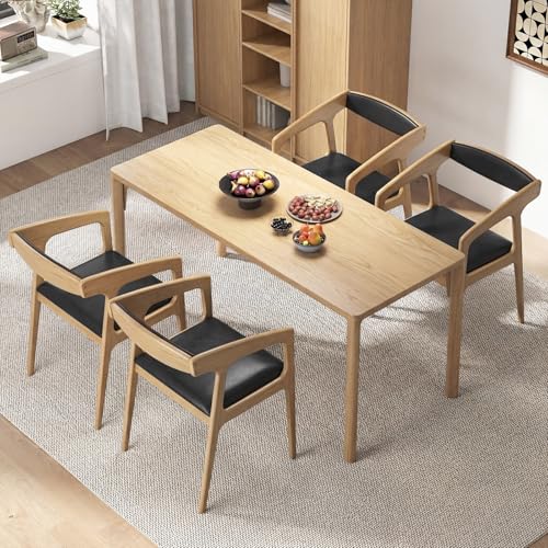 Image of COSTWAY Dining Chairs with Arms Set of 2, Mid Century Modern Wooden Accent Chairs with Faux Leather Seat & Padded Backrest, Kitchen Side Armchairs for Living Dining Reading Room, Natural & Black