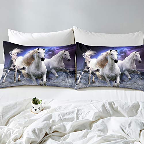 White Horse Bedding Set Galloping Horse Comforter Cover Blue Galaxy Duvet Cover for Boys Girls Kids Room Decor Lightweight Wild Animal Themed Bedspread Cover Single Size With 1 Pillow Case - Image 2