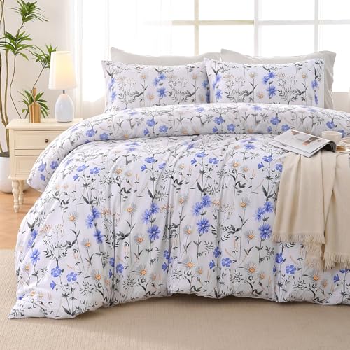 Image of MUXHOMO Blossom Blue Full Comforter Set, Elegant Floral Print Bed in a Bag 7 Pieces, Ultra Soft & Breathable Reversible Botanical Pattern Bedding Set with Comforter, Sheets, Pillowcases, and Shams