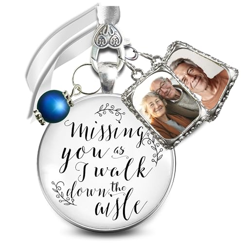 Bouquet Picture Charms Missing You As I Walk Down Aisle Honor Anyone 2 Photo Frames Wedding Remembrance Antique Silvertone White Glass Pendant Something Blue Bead for Bride DIY Template