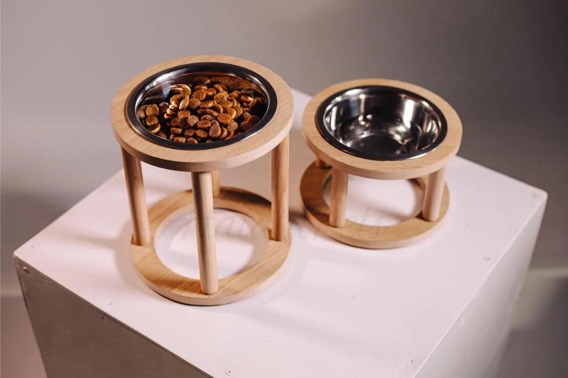 XSOURCE Erhöhter Futterspender aus Holz mit Edelstahlnäpfen - Erhöhter Ständer für Hunde & Katzen - rutschfest, leicht zu reinigen, moderne Futterstation für Futter & Wasser (Stil - 1, 1 Schale)