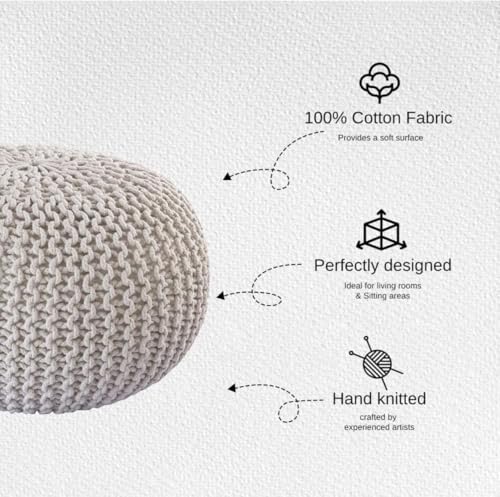 Image of Pouf Puffy for Living Room Sitting Round Ottoman Bean Filled Stool for Foot Rest - Hand Knitted Cable Style Dori Pouf - 20 Dia x 14 High (Yellow)