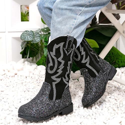 Girls Boots Mid Calf Round Toe Glitter Toddler Cowboy Boot Little Kid Big Kid Dress Up Party Birthday Dance Shoes2