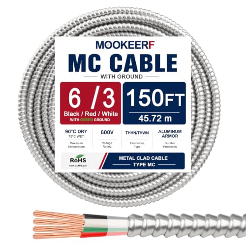 MOOKEERF 6/3 MC Cable with Ground - 150FT Pure Copper 6AWG/3 Metal Clad Wire with Aluminum Armor 6 Gauge 3 Conductor Type MC Alum Cable