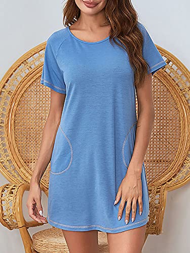 Baugger Vestido feminino para dormir com bolsos laterais. Pijama casual solto de manga curta com dec