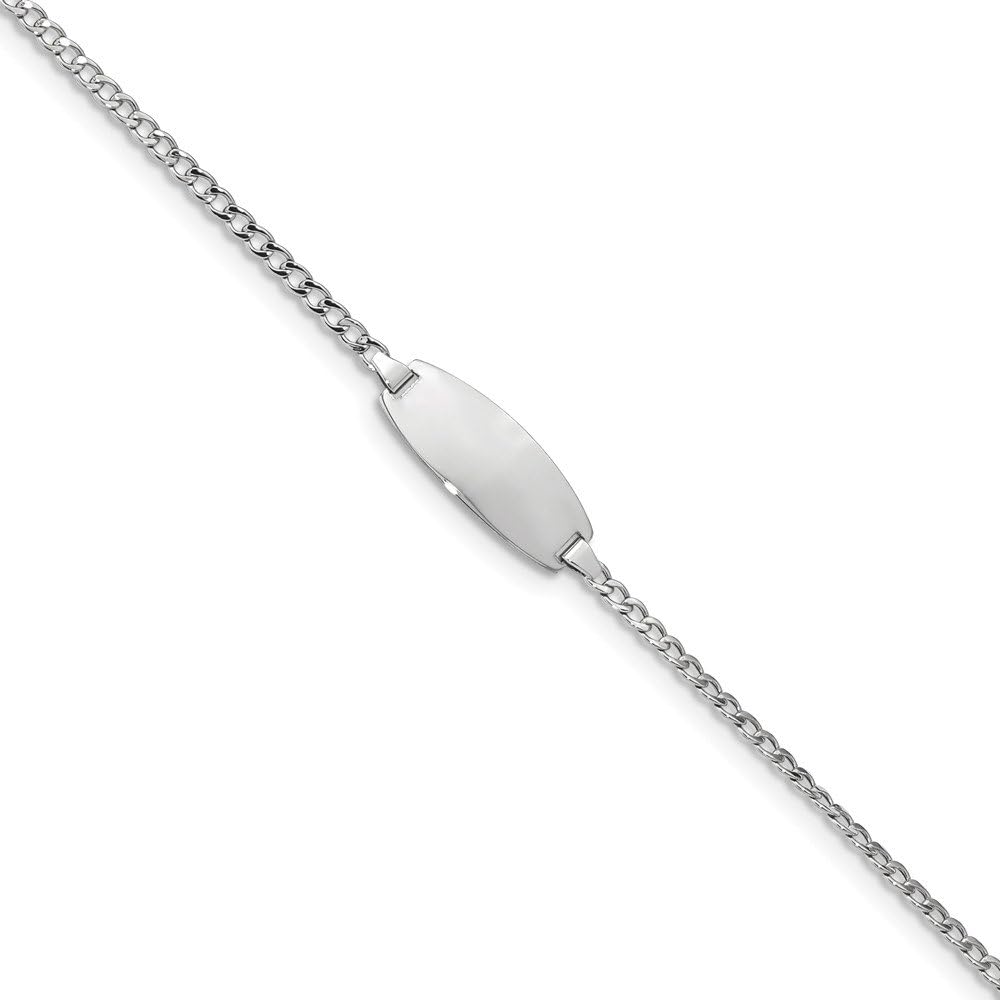 14k White Gold Engravable Identification Name Bar Tag Oval ID Curb Cuban Bracelet - with Secure Lobster Lock Clasp 7" (Width = 8mm)