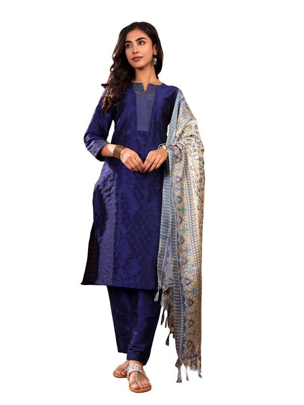 Varanga Women's Navy Blue Ethnic Kurta Set - Straight Fit Dobby Textured Kurta With Zari Couching, Calf-Length Trouser & Floral Printed Dupatta (Small)