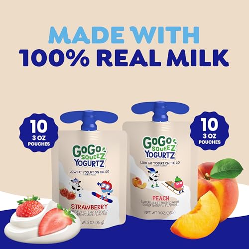 Image of GoGo squeeZ YogurtZ Variety Pack,Strawberry & Peach,3 oz,Kids Snacks Made with Real Yogurt and Fruit,No Fridge Needed,Gluten Free,Nut Free,Recloseable Cap,BPA-Free Pouches,(Pack of 40)