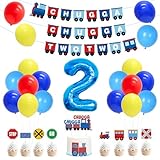 Chugga Chugga Two Two Party Decorations for 2 Years Old Boys, Railroad Train Crossing Theme Birthday Party Supplies - Chugga Chugga Two Two Banner, Cake Topper for Train 2nd Birthday Party