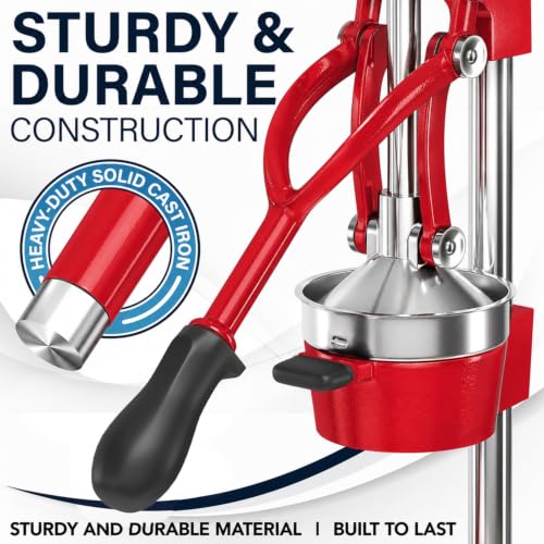 Image of Eurolux Ultra-Premium Cast Iron Juicer | Extra-Large, Heavy Duty, Commercial Grade, Stainless Steel Manual Hand Press Citrus Squeezer For Fresh Orange Juice, Pomegranate, Lemon, and Much More (Red)