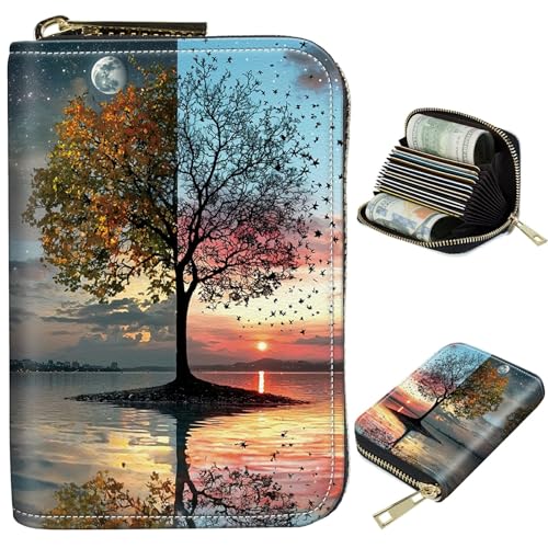 Image of Cute Credit Card Holder with Zipper, Day and Night Art Tree RFID-Blocking Card Case Small Wallet for Women Men, Multi-slot Card Organizer Case Travel Accordion Wallet