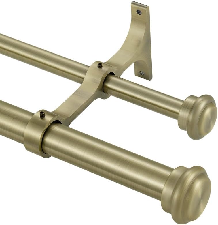 Antique Bronze Double Curtain Rods 36-72", "Double Window Rods with End Cap Finials, Adjustable 1-Inch Front and 5/8 Inch Back Antique Bronze 36-72"