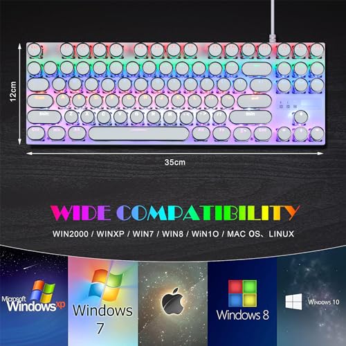 KOLMAX Typewriter Style Mechanical Gaming Keyboard,White Retro Punk Gaming Keyboard with RGB Backlit,87 Keys Blue Switch Wired Cute Keyboard,Retro Punk Round Keycaps for Game Office/Win/Mac/PC