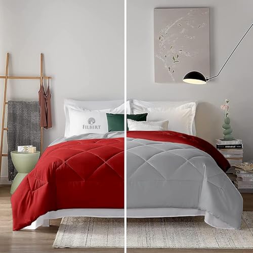 Image of Filbert 600 GSM Comforter for King Size | Super Warm Winter Quilt /Rajai | Thick Microfiber Blanket with Cloud-Soft Fill | Luxury Bedding for Winters - 92x106 Inch | Silver /Burgundy