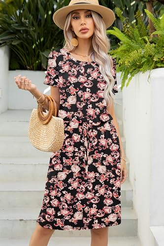 Image of levaca Womens Summer Casual Dress Belly Drawstring Beach Coverup Short Sleeve 2025 Outfit Midi Sundress with Pockets