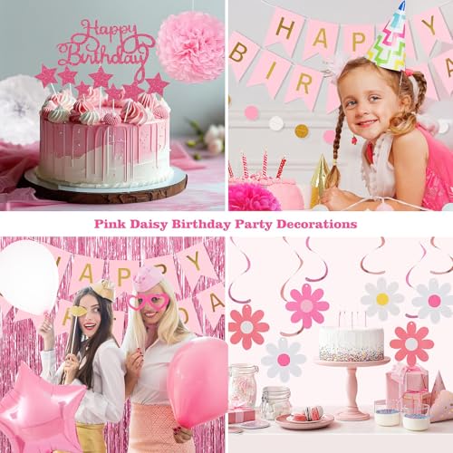 Image of Pink Red Happy Birthday Party Decorations kits for Girls Women with Happy Birthday Banner, Fringe Curtain,Foil Balloons,Tissue Pompoms,Dots Garland,Tassels Garland,Cake Topper for birthday decor(pink)