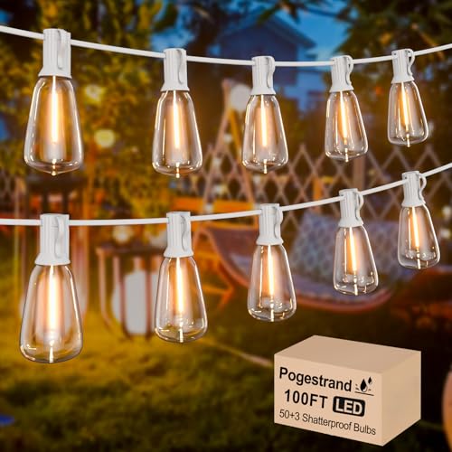 LED Outdoor String Lights 100ft ST38 White Waterproof Patio Lights with 50 Vintage Shatterproof Bulbs(3 Spare) Dimmable Outside Hanging Edison String Lights for Backyard Porch Balcony Warm White
