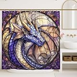 Buntglas-Drachen-Duschvorhang, buntes blau-violettes Fantasie-Badezimmer-Dekor, Herbst-Winter, künstlerischer, wasserdichter Stoff-Duschvorhang mit Haken, 183 x 190 cm
