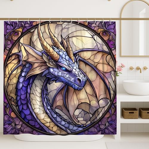 Buntglas-Drachen-Duschvorhang, buntes blau-violettes Fantasie-Badezimmer-Dekor, Herbst-Winter, künstlerischer, wasserdichter Stoff-Duschvorhang mit Haken, 183 x 190 cm