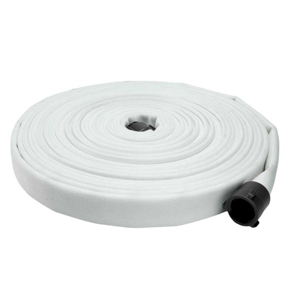 Fire Hose - 1 1/2" x 100' Lay Flat Water Hose - White Firefighter Hose - NH Couplings