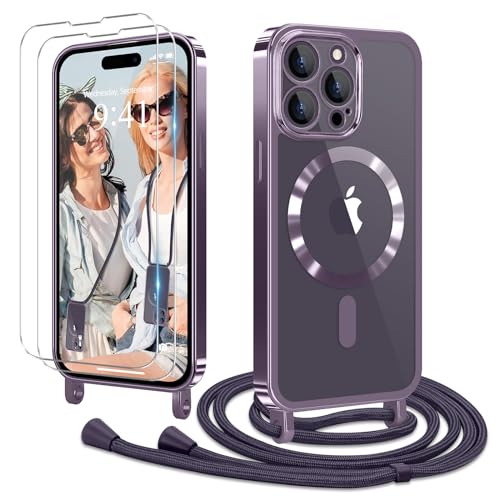 Ethanger Handyband für iPhone 14 Pro Max Hülle mit Band + 2 Stück Glas Schutzfolie Transparent Silikon Handyhülle zum Umhängen Magnetische Schutzhülle für iPhone 14 Pro Max Lila