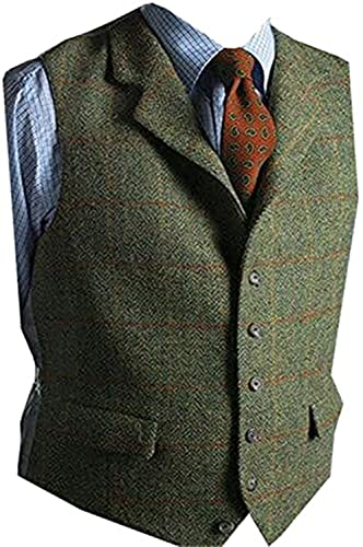 Men's Wool Green Grid Herringbone Groom Vests Formal Groom's Wear Suit Vest Skinny Wedding Dress Waistcoat