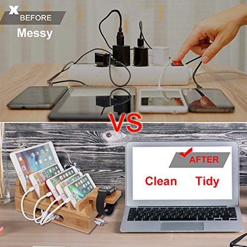 Bamboo Charging Station Organizer for Multiple Devices & Wood Desktop Docking Charging Stand Such As Cell Phone, Tablets, Phone Case and Watch Stand - Pezin & Hulin - Thumbnail 7