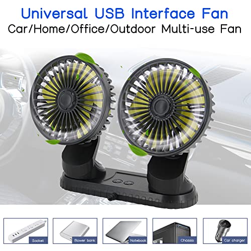 Ouffun Fan For Car, Double Head Car Fan 360°Adjustable Auto Electric Car Cooling Fan 3 Speed Regulation Vehicle Fans Strong Wind Mute Run Usb Powered Air Circulation Fan For Sedan/Suv/Rv/Truck/Boat #TOP2