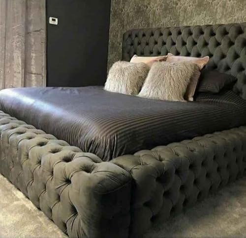Bespoke Chesterfield Plush Velvet Parklane Ambassador Bed - Mattress/Gas Lift Options - UK Made (Black Plush, Double 4ft6 Bed Frame)