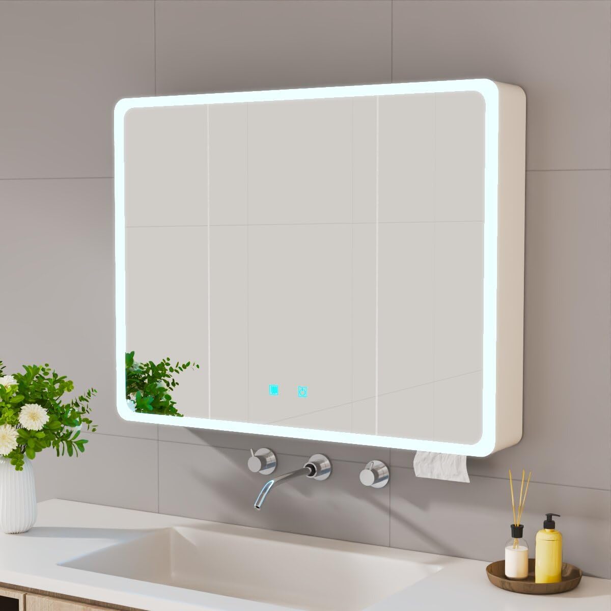 Modern LED Bathroom Medicine Cabinet, 35.43 x 27.56 Inch White Mirror, Anti-Fog, Touch Control, Wall Mount Storage with LED Lighting for Bathroom