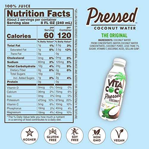 Vita Coco Coconut Water, Pressed Coconut | More "Coconutty" Flavor | Natural Electrolytes | Vital Nutrients | 16.9 Oz Slim Bottle (Pack Of 12)
