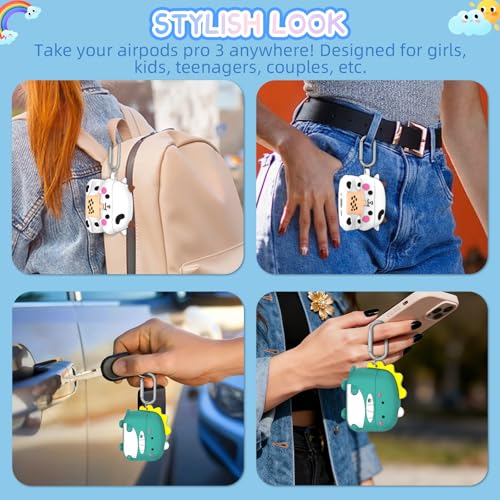 Image of [2-Pack] Cute Case for AirPods Pro 3 (2025), 3D Cartoon Funny Airpod Pro 3 Case Kawaii Design Silicone Cover Compatible for Airpods pro 3rd Generation with Keychain /Cleaner Kit (Dinosaurs + Cows)