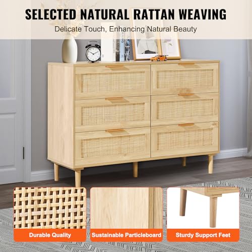 VEVOR 6 Drawer Rattan Dresser, Boho Dresser, Rattan Chest of Drawers with Spacious Storage, Natural Rattan Dresser for Bedroom, Living Room & Hallway,Rattan Nightstand with Sturdy Handles&Legs, Brown - Image 5