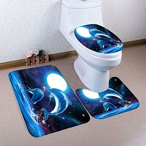 RLYXGS Universum Badezimmermatten und Teppiche 3-Teiligs Set Delfin Flanell Memory Foam rutschfeste Matten und Badteppich,Ozean Toilettendeckelabdeckung,Badvorleger Badgarnitur WC Vorleger – Bild 3
