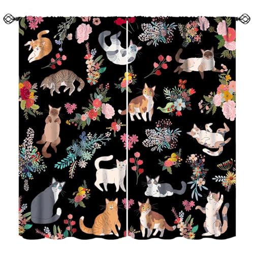 Cute Cat Curtains Funny Kitty Floral Art Printed Blackout Window Drapes for Girls Kids Teens Cat Lovers Bedroom Living Room Decor Fabric Set 2 Panel 42x45 Inch 30% Shading Rate