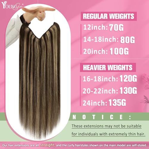 Image of YoungSee Wire Hair Extensions Highlight Wire Human Hair Extensions Dark Brown Highlights Caramel Blonde One Piece Hair Extension Short Straight Hair 12inch 75g