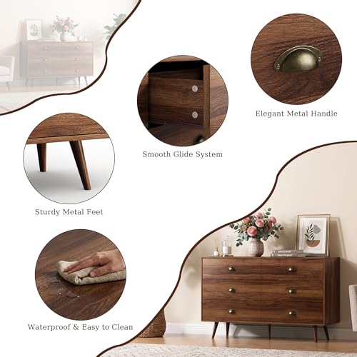 Image of Walnut 6 Drawer Dresser for Bedroom, 47 inch Wood Dresser with Gold Handles.
