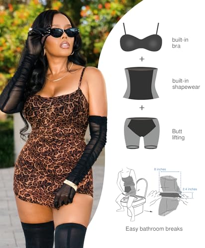 Popilush Leopard Print Dress with Built in Shapewear Spaghetti Strap Mini Dresses Mesh Ruched Bodycon Summer Splash3